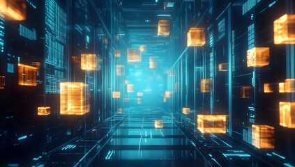 Obraz premium Futuristic digital corridor with glowing orange cubes floating amidst a blue light, representing advanced technology and data processing.