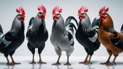 Fototapeta premium Set of miniature bantam fowl, ornamental breed, captured in diverse angles, isolated male chicken on white background