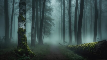 Obraz premium Dark Halloween forest with silhouetted trees and misty foggy landscape