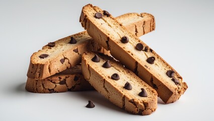 Chocolate chip almond biscotti on white background