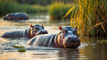 Fototapeta premium Young hippo enjoying the dam water alongside its mother
