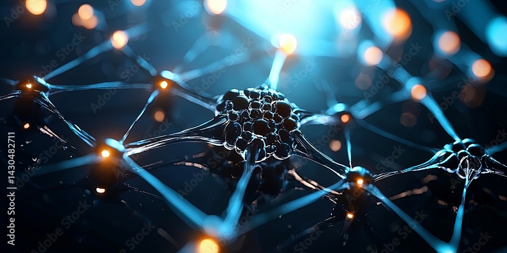 Poster Intricate Neuron Network Illustration with Luminous Elements and Abstract Background for Scientific and Medical Concepts