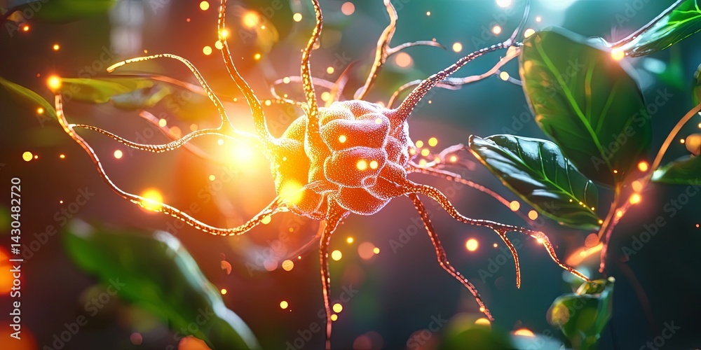 Poster Intricate Neuron Network Illustration with Luminous Elements and Abstract Background for Scientific and Medical Concepts