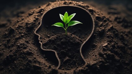 young growth of idea within the outline of a human head in soil concept