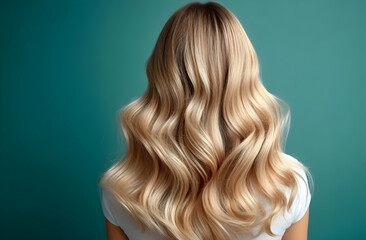 Naklejka premium Stylish woman with beautiful long hair, showcasing gentle waves, against a soft turquoise background. Ideal for beauty and fashion themes.