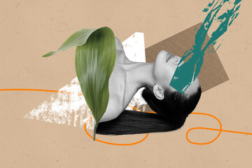 Creative sketch image art collage of glamour anonym girl taped eyes doodle herbal green leaf plant extract salon skincare procedure