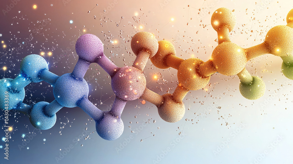 Poster colorful molecular structure with spheres representing atoms connected by bonds, showcasing blend of science and art. vibrant colors create dynamic visual effect