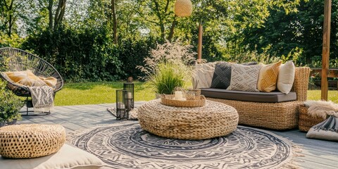 Obraz premium A relaxed outdoor seating area featuring bohemian cushions, woven rugs, and natural decor