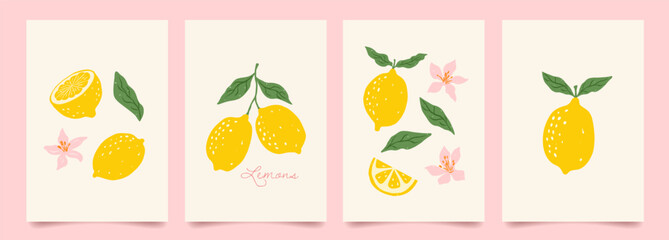 Set of citrus fruits abstract poster. Contemporary print with hand drawn lemon, leaves and flowers. Dolce vita aesthetics. Italian summer vacation. Elegant design for card, banner, menu, cover.