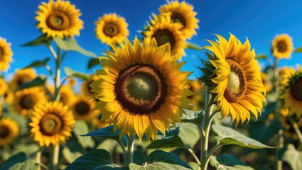 Fototapeta premium Blooming yellow sunflowers in front of a blue sky backdrop.