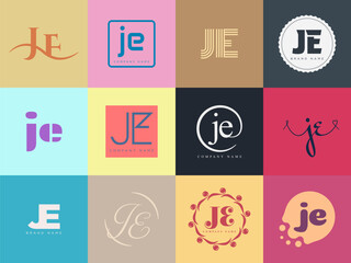 JE logo company template. Letter j and e logotype. Set different classic serif lettering and modern bold text with design elements. Initial font typography.