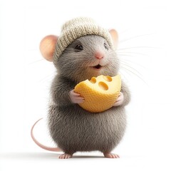 cheese day concept. Cute mouse wearing a hat, holding a piece of cheese. isolated on white background