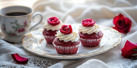 A romantic setting with red velvet cupcakes served on an elegant plate, accompanied by a cup of coffeev