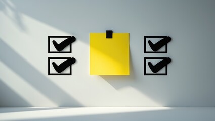 Yellow note with checkboxes and ticks, isolated on a white background