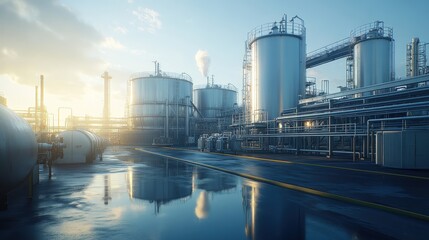 Obraz premium Industrial complex at sunrise, reflecting in puddles