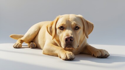 Young Labrador retriever resting on a white background.