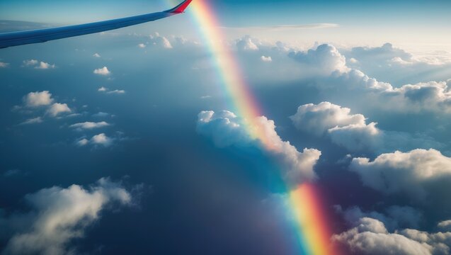 High altitude view of airplane wing casting shadow with circular rainbow and flying aircraft in front and looking back