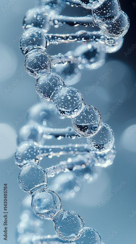 Fototapete close up view of double helix structure made of transparent bubbles, symbolizing DNA. image captures essence of life and science with soft blue background