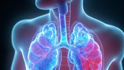 A detailed visual of human lungs showed bronchi, alveoli, and vessels in a medical illustration.