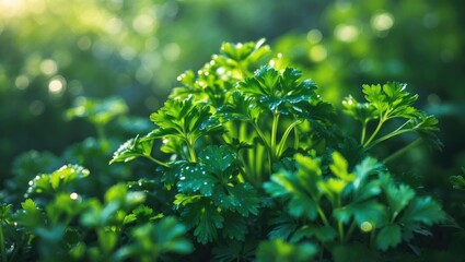 Obraz premium Young parsley sprouts in the garden, plants for vegetarian salad.