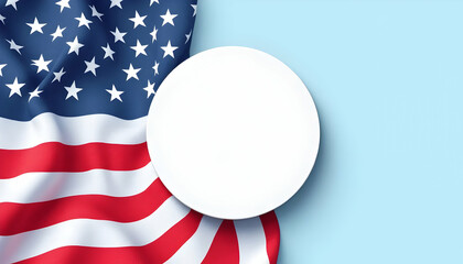 Obraz premium USA Flag Draped on Light Blue Background with Blank Circle: Patriotic Design Featuring Stars and Stripes, Ideal for Independence Day, Advertising, and Copyspace for Custom Text