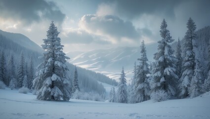 Fototapeta premium Snow-covered winter scene of mountains, fir forest, and glade