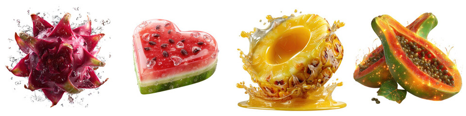 Summer Vibes Clipart Concept for Food and Drink Packaging Design. A vibrant assortment of exotic fruits, including dragon fruit, watermelon, pineapple, and papaya