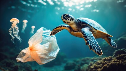 Difference between a jellyfish and a plastic bag seen floating underwater, but a turtle cannot distinguish between them.