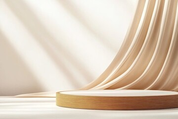Minimalist beige podium with flowing fabric