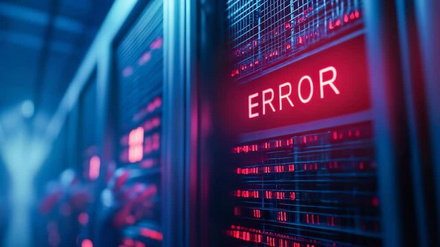 Red Error Message on Server Rack Lights Up in Data Center, warning alert 404 error message data server AI company 4k video