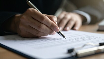 A close-up of a hand holding a pen, signing a document on a desk, symbolizing business, contracts, or important agreements.
