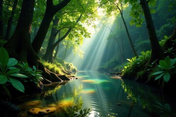 Obraz premium Sunlight dappling rainforest creek, clear water reflects canopy, tropical, leaves