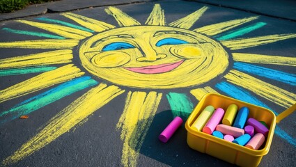 Street art featuring a sun created with chalk