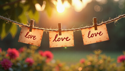 Handwritten love letters on string in garden at golden hour

