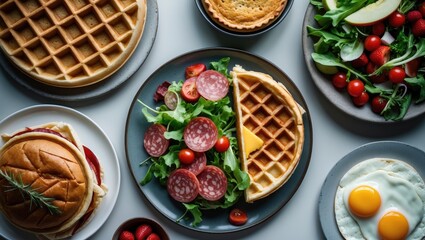 Isolated Breakfast Food Items Including Waffles, Salad, Apple Pie, and Omelets on a Banner