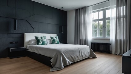 Fototapeta premium Modern double bedroom featuring a large bed without duvet, bedside tables, black and white headboard, window with semi-transparent white curtains, and aluminum radiator