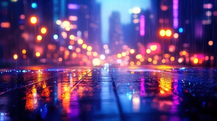 Night city street drenched in rain. Colorful lights blur in the background