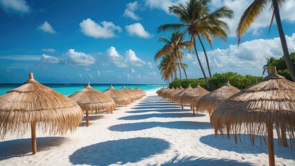 Fototapeta premium Beach resort with straw parasols lined up on white sands, featuring palm trees, blue sky, and the ocean in the background