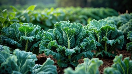 Green kale and cabbage leaves for organic farming in winter garden