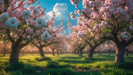 Fototapeta premium Spring Landscape with Blooming Trees in the Countryside