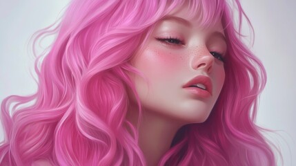 Fototapeta premium Digital art portrait of a young woman with vibrant pink hair and soft features