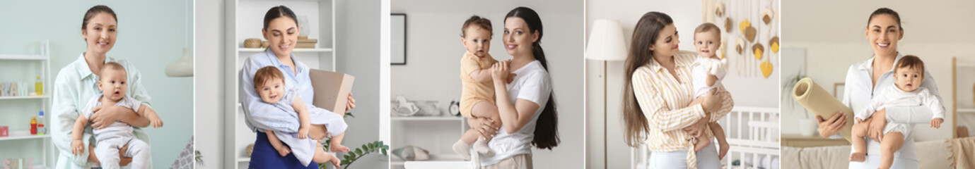 Collage of happy young mothers with cute babies at home