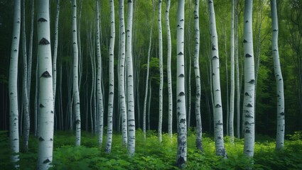 The lush green landscape of a birch forest with silver trees