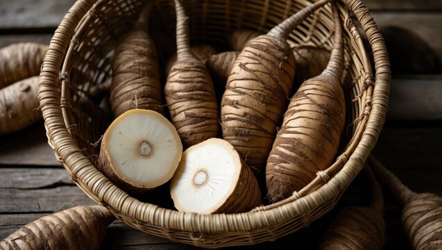 Exotic root vegetables such as taro or yam, including yautia and arrowroot, isolated on background