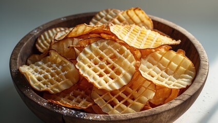 Lattice-cut potato chips in a wooden bowl showcasing thick, crispy crisps with a grid pattern, deep-fried and salted, ideal as a snack or side dish, close-up top view on white background.