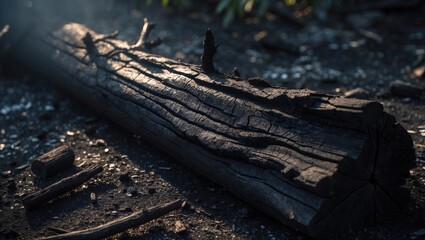Close-up of burnt wood with charcoal and charred bark texture