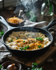 Close-Up of Vegan Mac and Cheese in Cast-Iron Skillet &ndash; Crispy Breadcrumb Topping with Steam, Comfort Food with Healthy Twist in High-Res Style