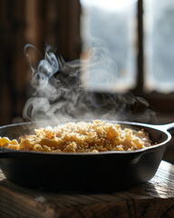 Close-Up of Vegan Mac and Cheese in Cast-Iron Skillet &ndash; Crispy Breadcrumb Topping with Steam, Comfort Food with Healthy Twist in High-Res Style