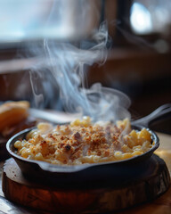 Close-Up of Vegan Mac and Cheese in Cast-Iron Skillet &ndash; Crispy Breadcrumb Topping with Steam, Comfort Food with Healthy Twist in High-Res Style