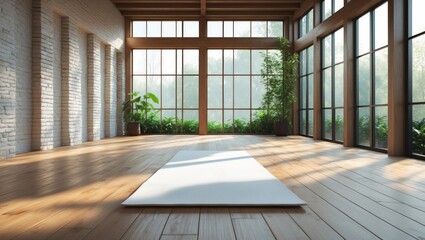 Fototapeta premium Modern yoga studio with white mat on wooden floor and spacious interior for fitness and wellness